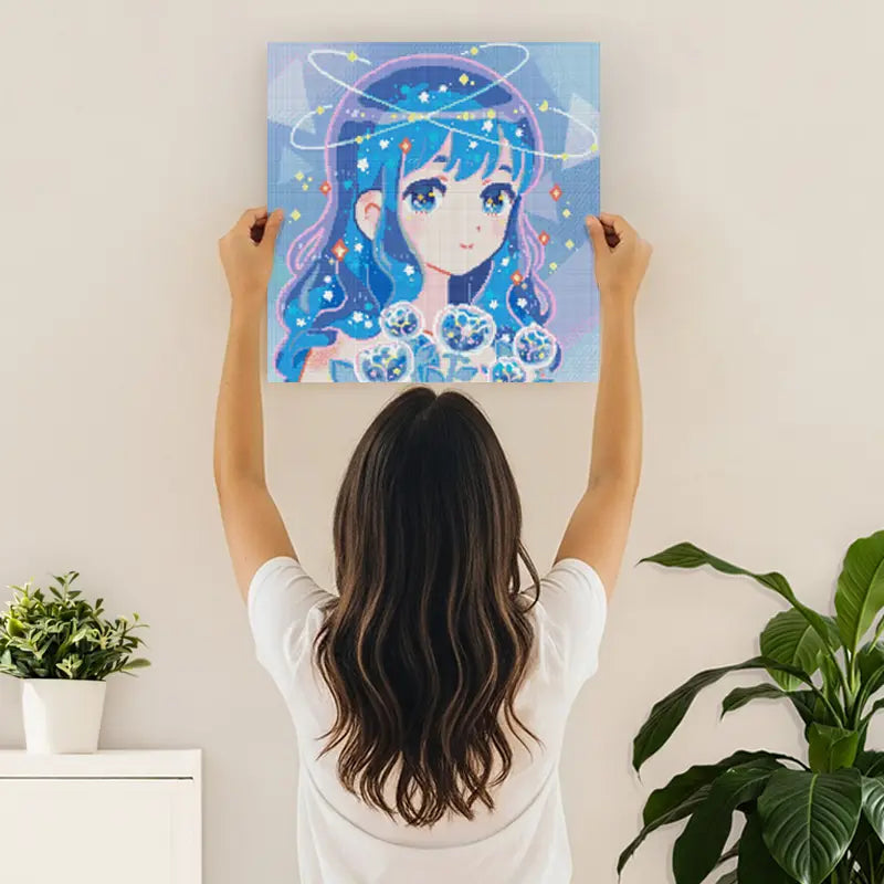 Diamond Painting mit einem Fantasy Mädchen Portrait mit Blumen, Sternen und Galaxis als Wanddeko