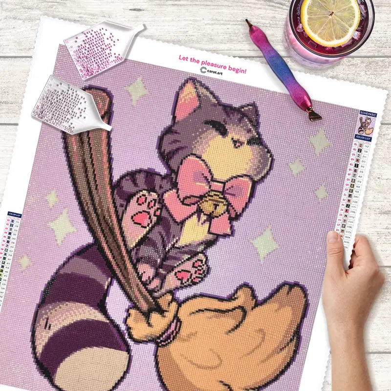 Diamond Painting Leinwand mit Steinchen, Stift und Schiffchen mit einem niedlichen Katzen-Motiv