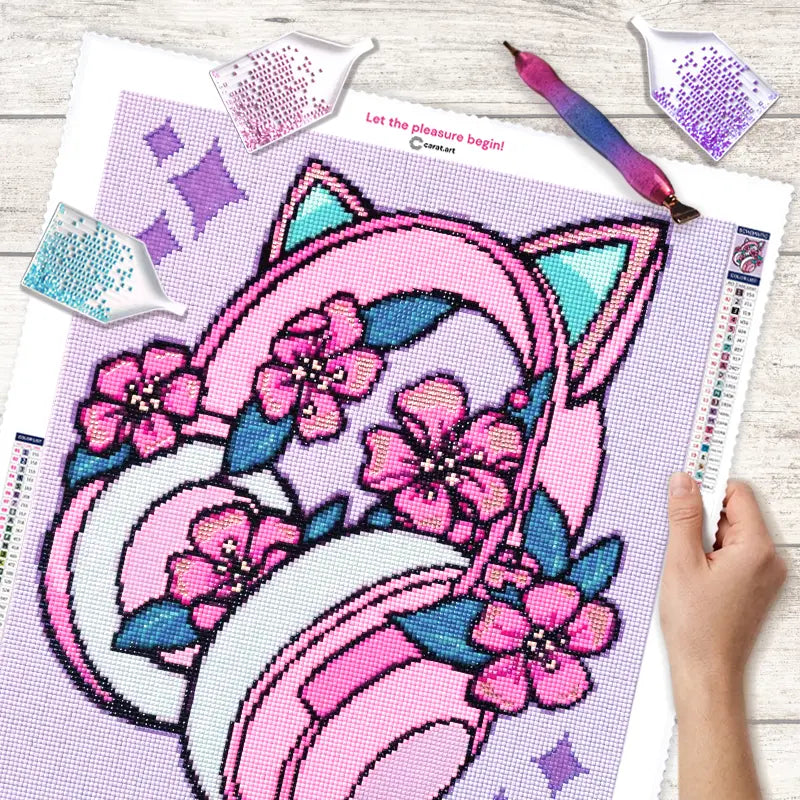 Diamond Painting Leinwand mit Kopfhörer und Blumen Motiv, glitzernden Steinchen und Diamond Painting Werkzeug