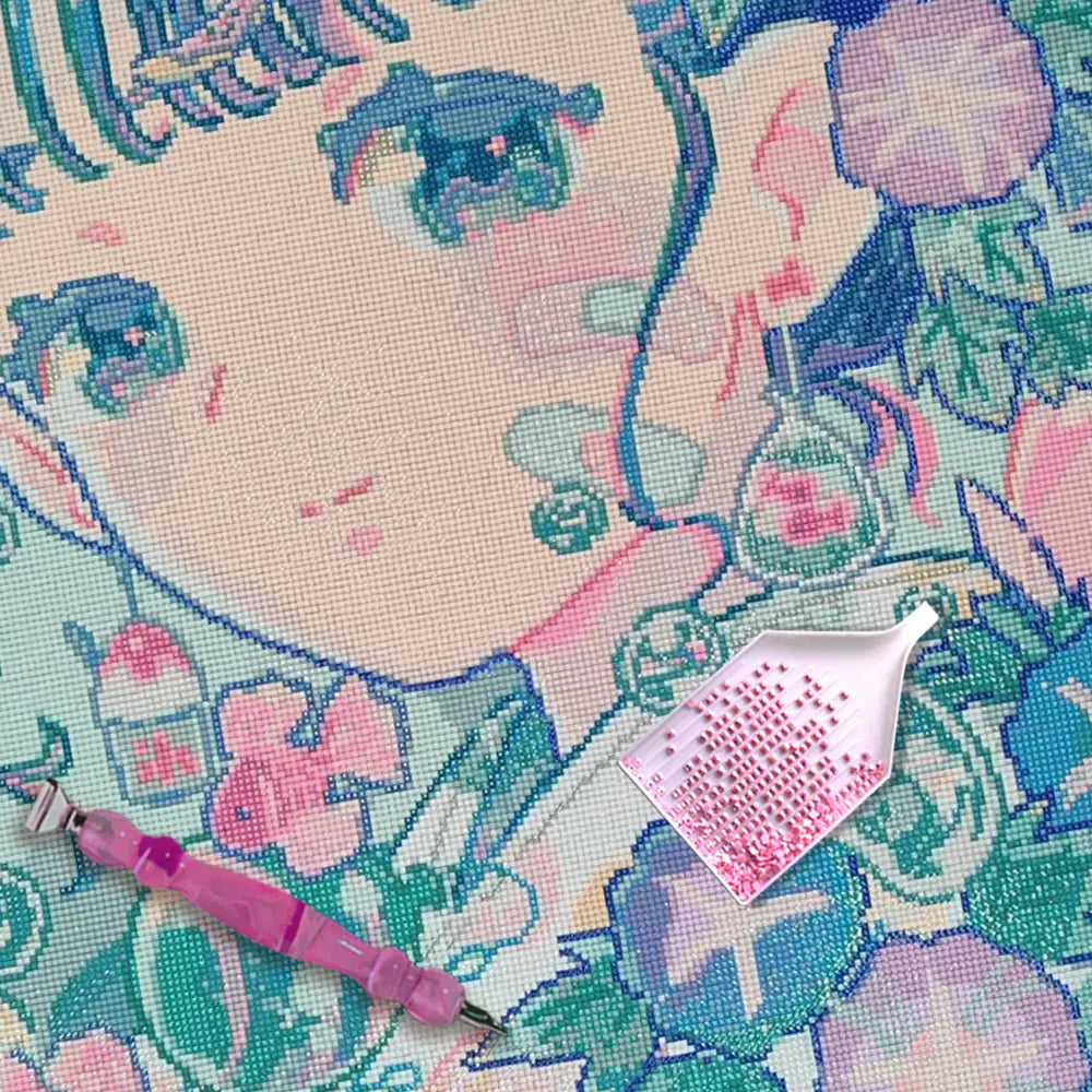 Diamond Painting Leinwand Mädchengesicht mit Blüten Motiv mit Steinchen und Werkzeug