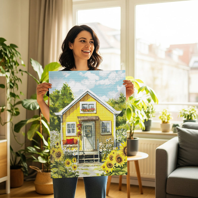 Fertiges Diamond Painting mit gelbem Häuschen und Sonnenblumen, mit Steinchen auf Leinwand in den Händen einer jungen Frau