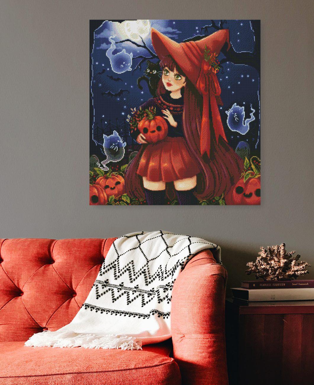 Diamond Painting Kürbishexe als Halloween Wandbild