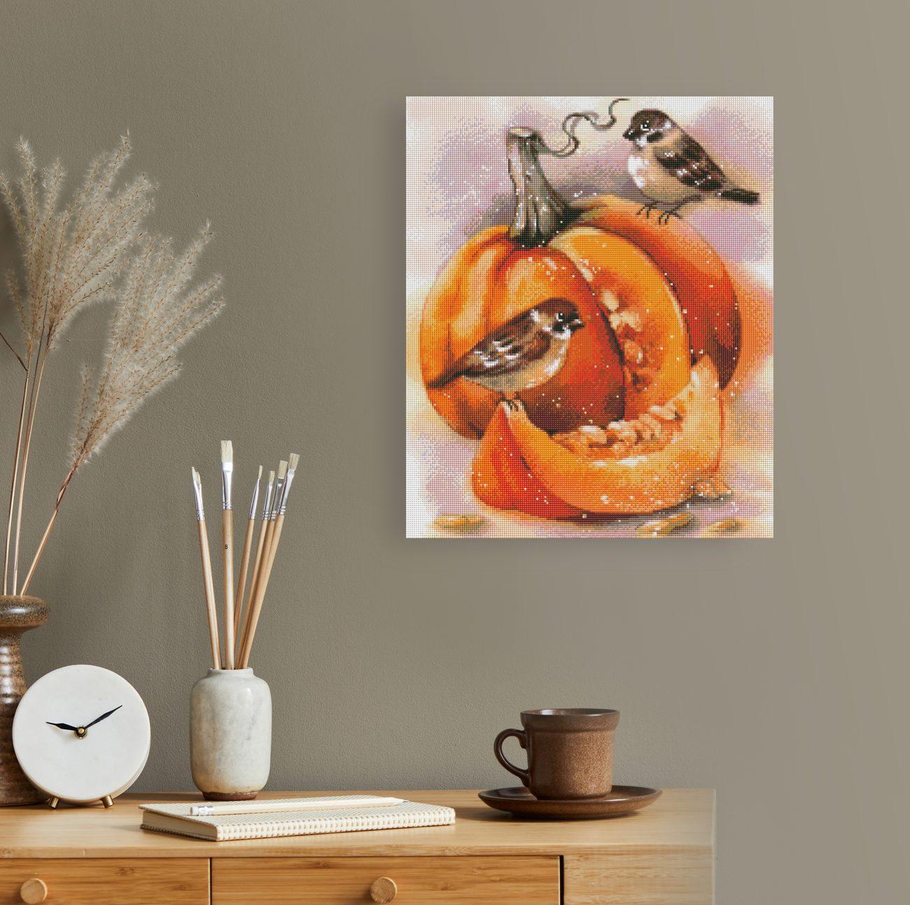 Diamond Painting Kürbis und Spatzen Bild als herbstliche Dekoration im Zuhause