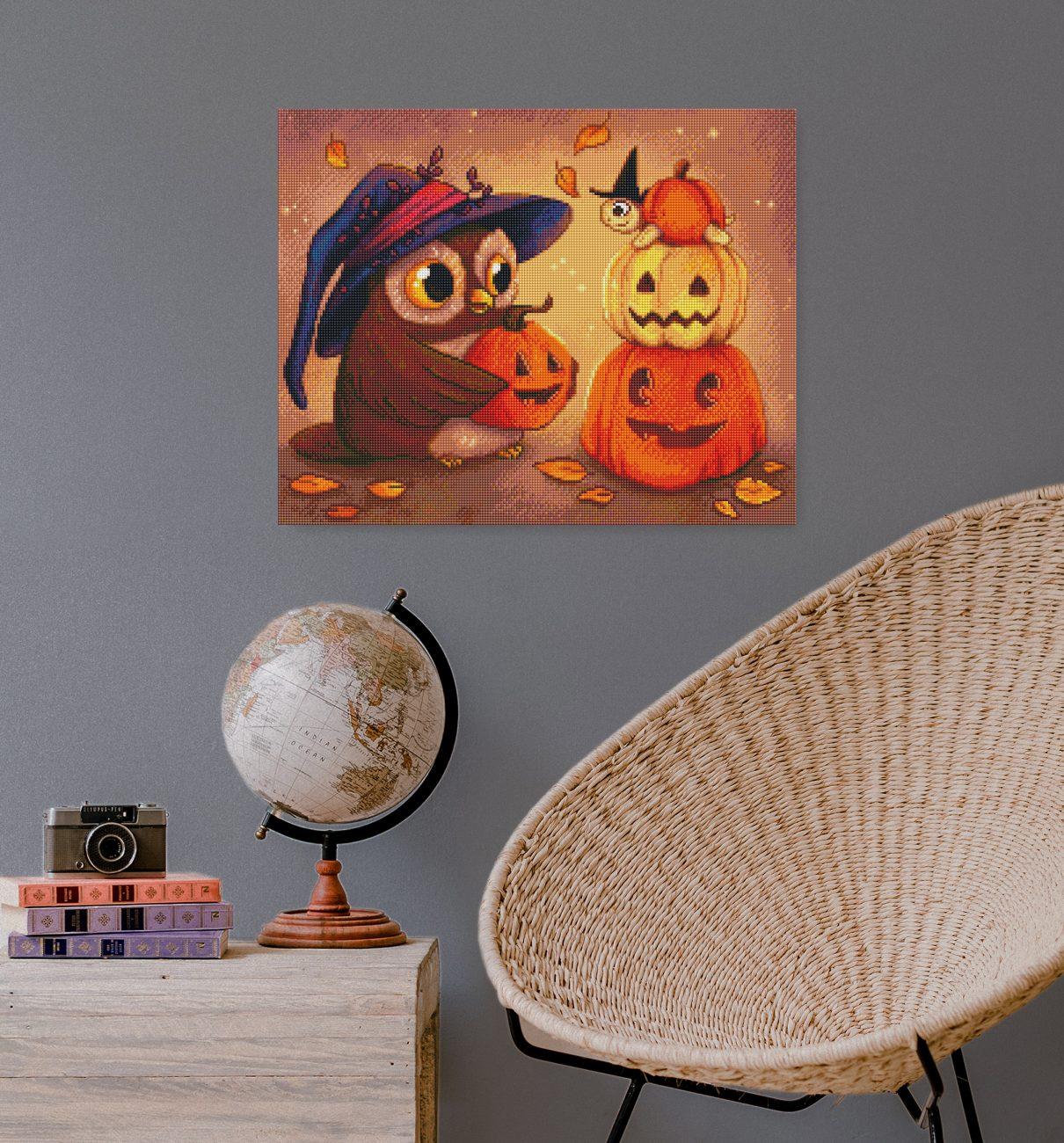 Diamond Painting Kürbis Motiv mit Zauber-Eule als stimmungsvolle Herbstdekoration für dein Zuhause
