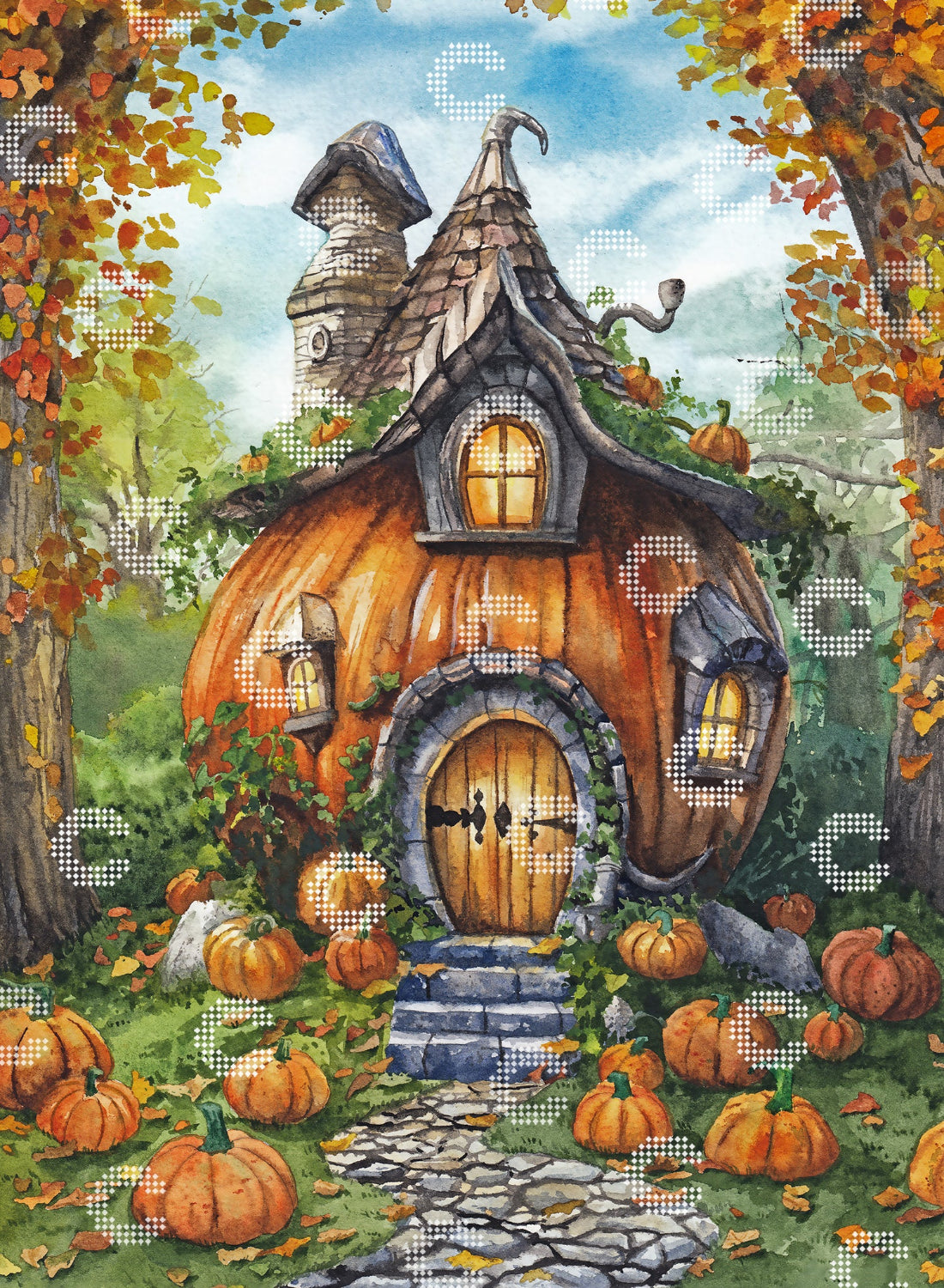 Diamond Painting Kürbishaus mit herbstlicher Fantasy Landschaft Atmosphäre