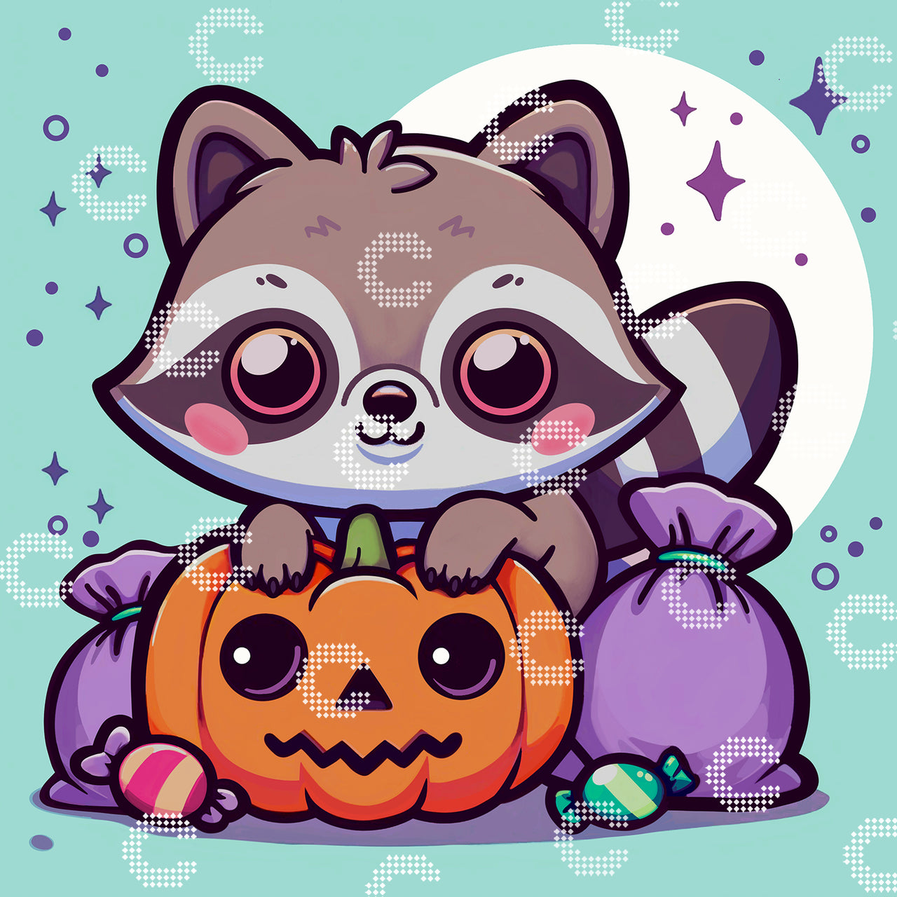 Diamond Painting Waschbär mit Halloween Leckereien