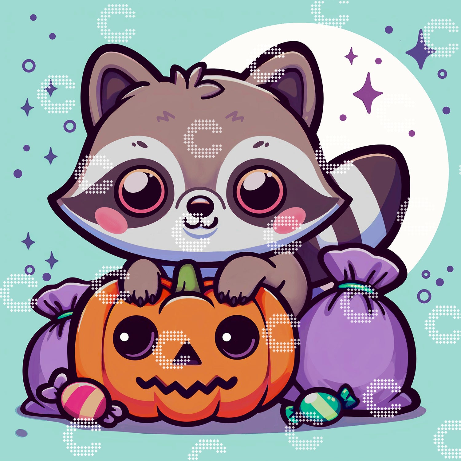 Diamond Painting Waschbär mit Halloween Leckereien