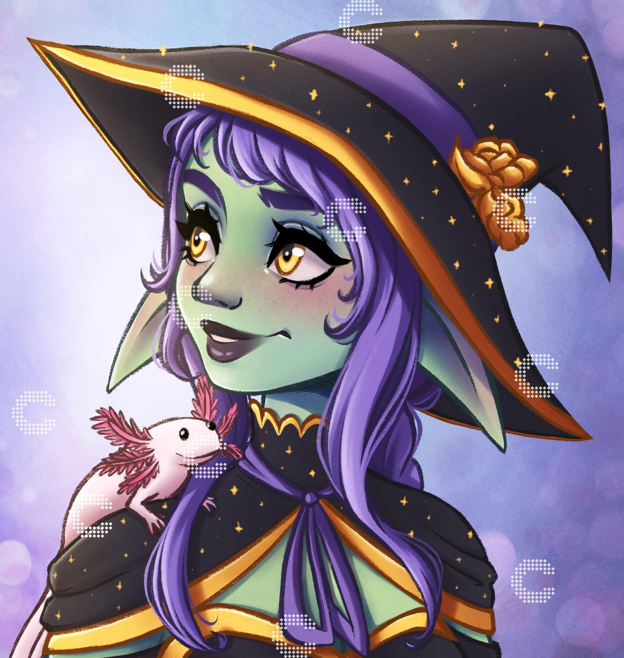 Diamond Painting  Hexe mit Axolotl und Hexenhut in magischer Halloween Atmosphäre