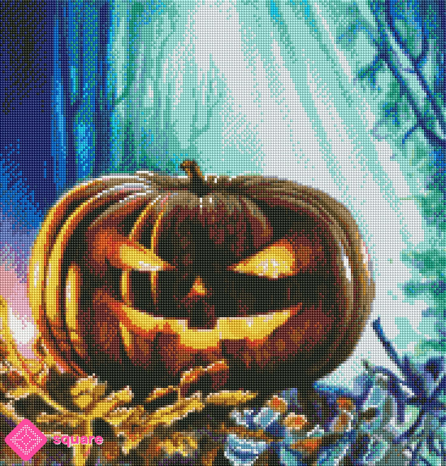 Diamond Painting Vorschau mit Halloween Motiv und funkelnder Steinoptik