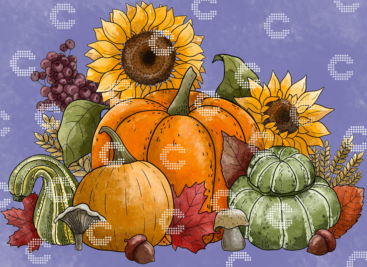 Diamond Painting Originalbild mit Thanksgiving Motiv mit Kürbissen, Beeren, Pilzen und Sonnenblumen mit herbstlicher Stimmung