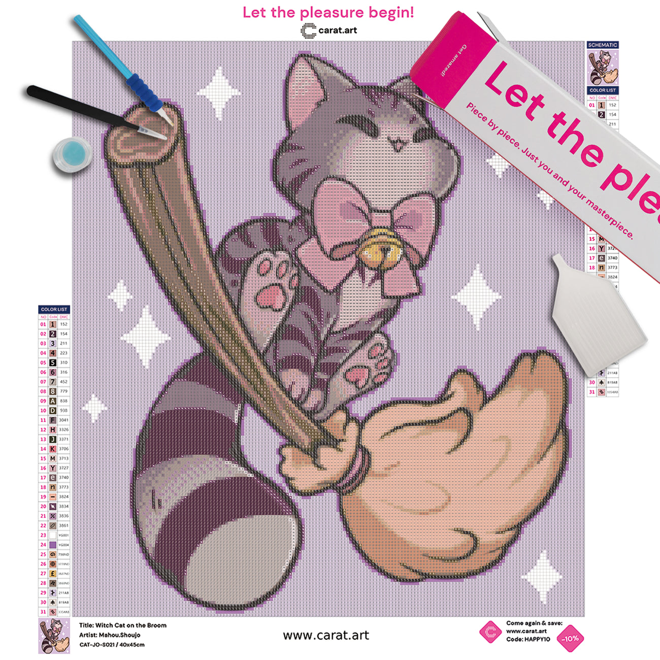 Diamond Painting Set mit Katze auf Hexen Besen inklusive Leinwand und Diamond Painting Werkzeug