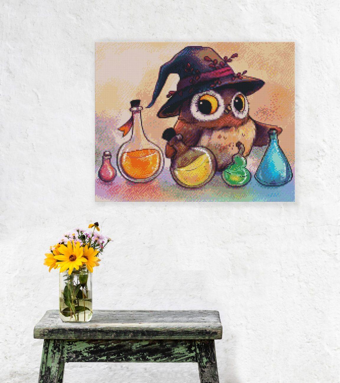 Diamond Painting Eule mit Zaubertränken als Deko für Wohnzimmer, Hobbyraum oder Kreativecke